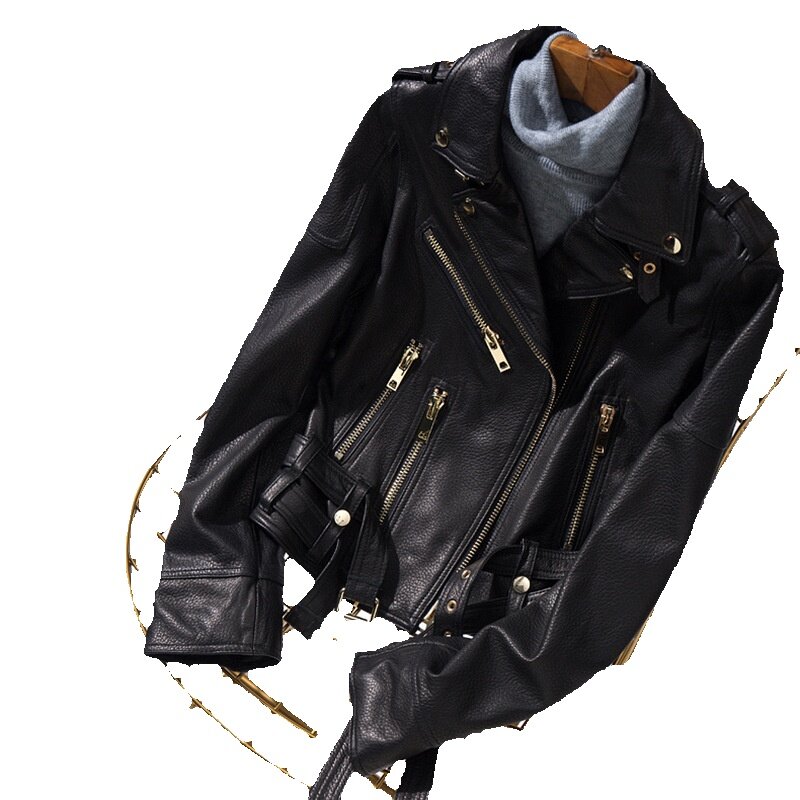 Handsome Slim Fit Short Leather Jacket For Women's Motorcycles, Genuine Leather Sheepskin Jacket, New Season