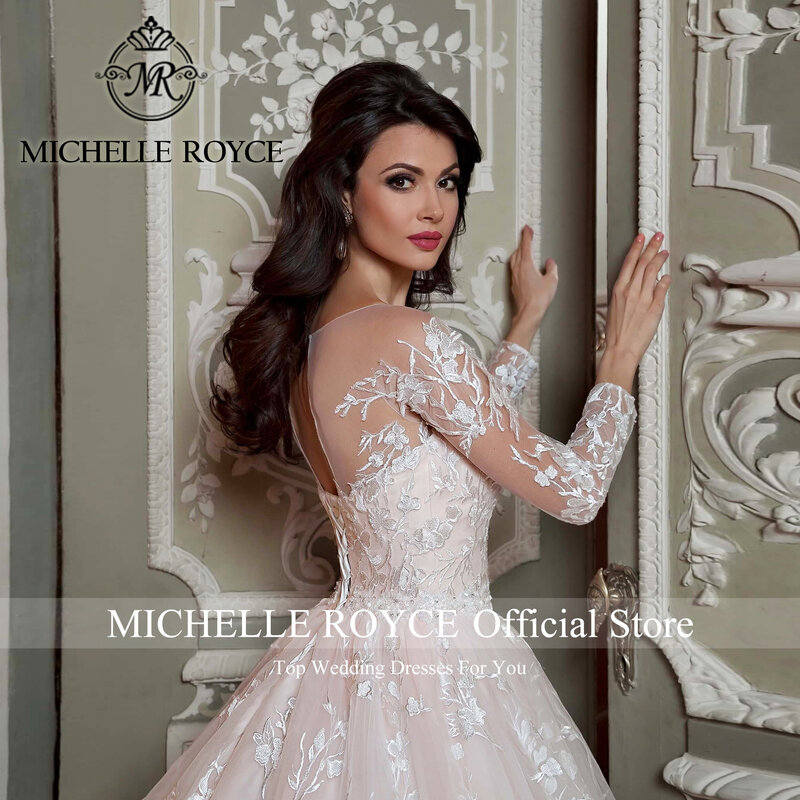 Gaun Pengantin Mewah Gaun Bola Michelle Royce untuk Wanita Gaun Pernikahan Renda Applique Lengan Panjang Sweetheart Vestidos De Novia