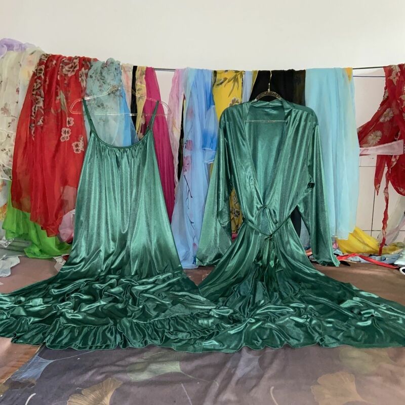 Gaun sutra dua sisi, gaun malam diperpanjang dua potong dengan tali bahu yang bisa disesuaikan, seksi, lembut, dan halus untuk
