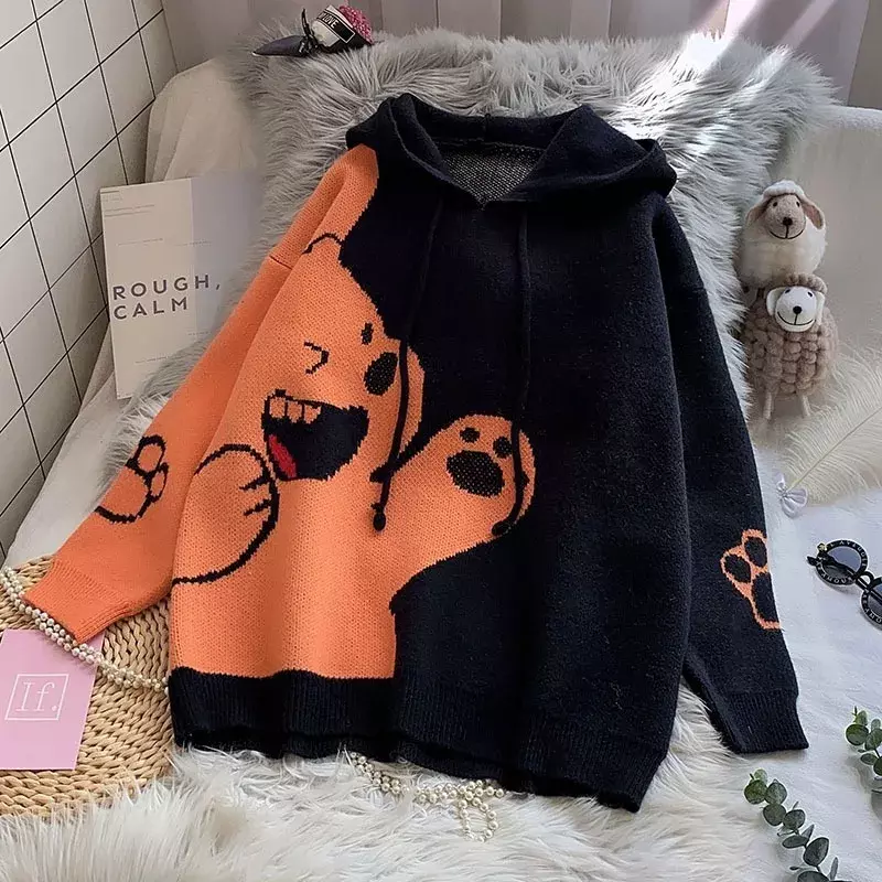  Winter Hooded Sweater And Pullovers Long Sleeve Bear Pattern Casual Jumpers Long Sleeve Pull Femme Patchwork Chic Knit Tops