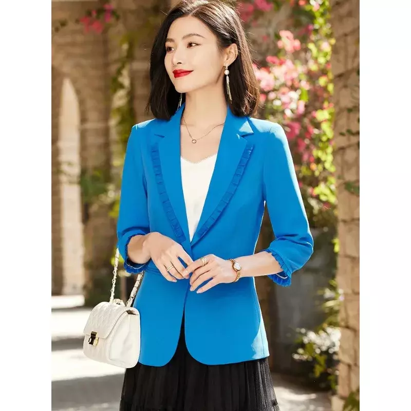 Blazer Formal de oficina para mujer, chaqueta lisa de manga tres cuartos, color blanco y azul, primavera y verano