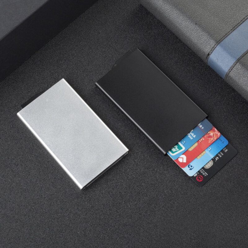 Logotipo gravado a laser titular do cartão de crédito masculino fino anti proteger viagem id titular do cartão rfid carteira de metal caso