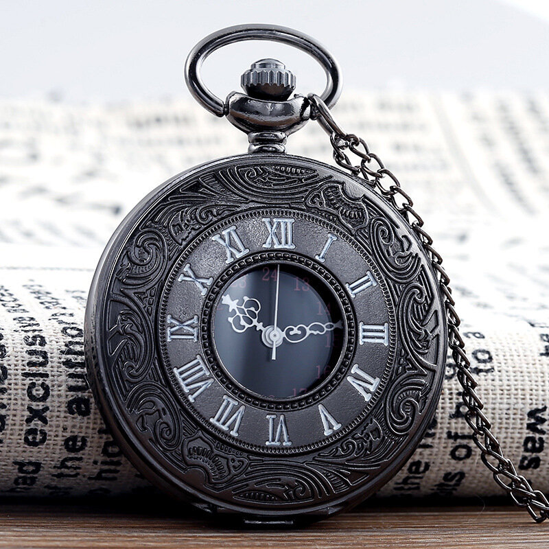 Reloj de bolsillo Steampunk con número romano para hombre y mujer, collar con cadena, color negro, Estilo