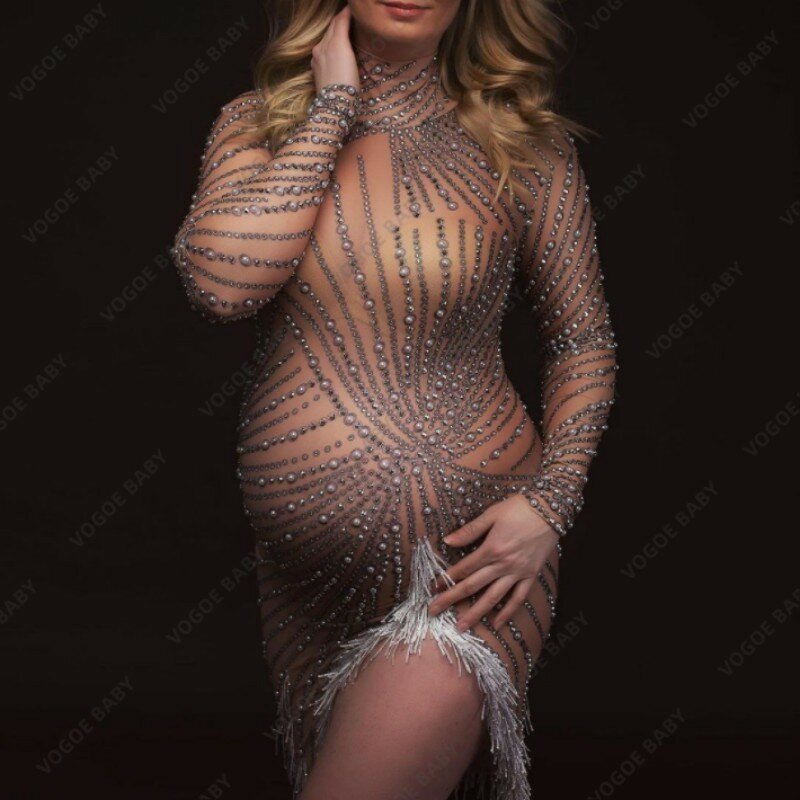Minivestido de fotografía de maternidad para mujer embarazada, vestido Sexy de fiesta de bebé, diosa de diamantes de imitación brillantes, Bodysuit, accesorios para sesión de fotos