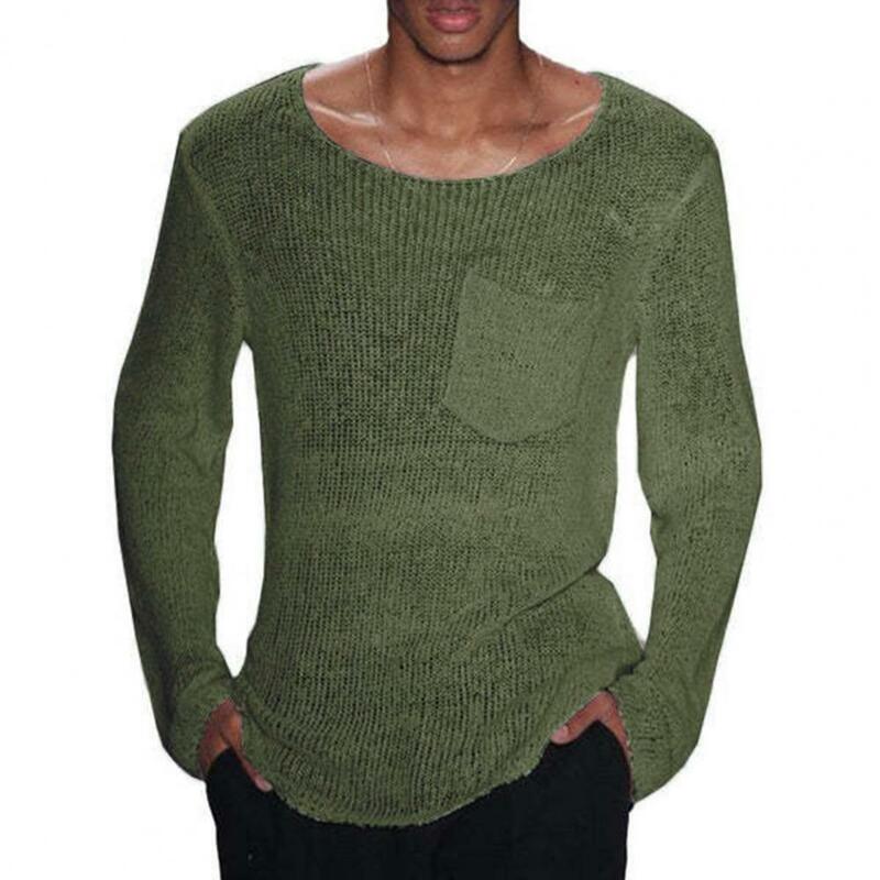 Sweater pria, gaya leher O Sweater rajut pria dengan desain Hollow Out pakaian rajut Pullover kasual untuk pas longgar gaya tipis