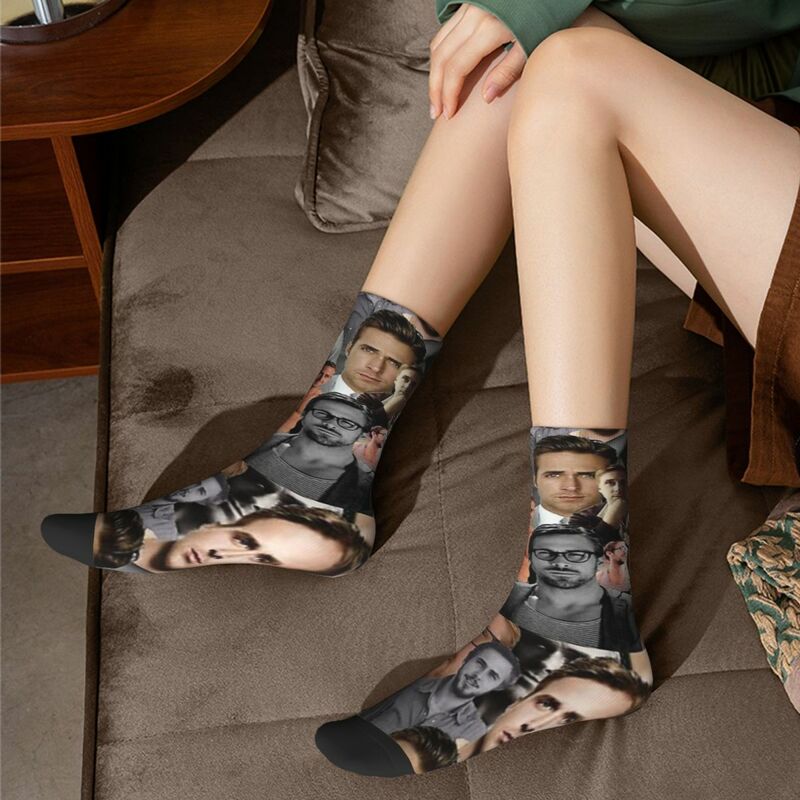 Ryan Gosling Collage ถุงเท้าฮาราจูกุถุงเท้ายาวทุกฤดูสำหรับชุดถุงเท้าของขวัญคริสต์มาสของผู้หญิงผู้ชาย