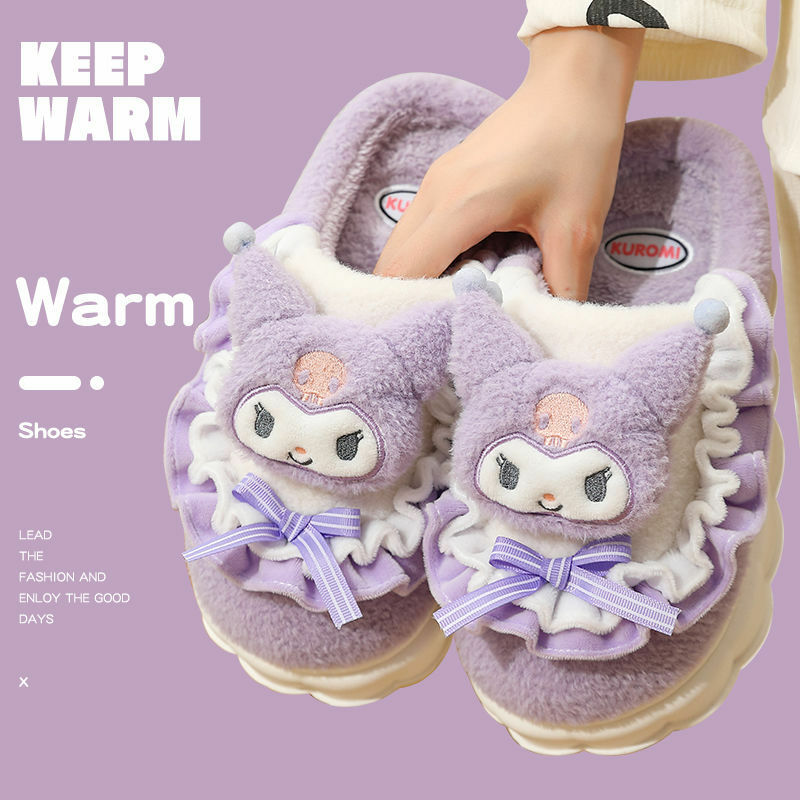 Chinelos bonitos da Hello Kitty para mulheres, sapatos de desenho animado feminino, plataforma quente, antiderrapante, casa, Sanrio, melodia, Kuromi, inverno