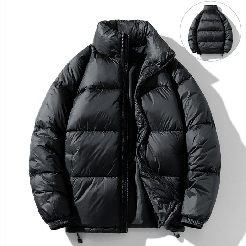 Inverno náilon masculino para baixo jaqueta gola longa manga cardigan bolsos solto sólido grosso moda casual para baixo jaqueta