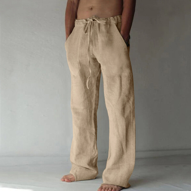 กางเกงฝ้ายลินินขายาวสำหรับผู้ชายกางเกงลำลองทรงหลวมระบายอากาศได้ดีสีพื้นกางเกงวิ่งเล่นโยคะผ้าลินิน