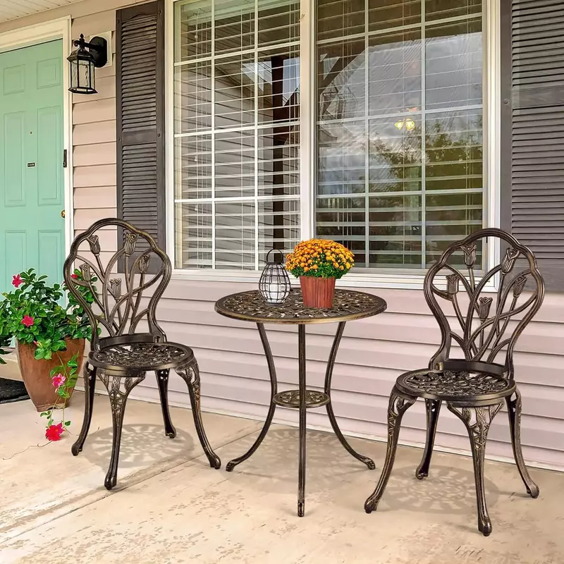 Mesa e cadeiras de jardim de alumínio fundido resistente à ferrugem, Pátio Bistro, Mobiliário de exterior, Bronze, 3 peças