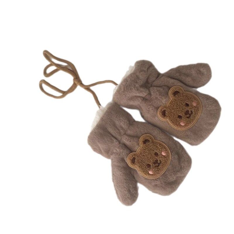 Cartoon Bear Infant Gloves Warm Baby Gloves Hanging Neck Chain Designed Plush Winter Mittens for Outdoor Activities