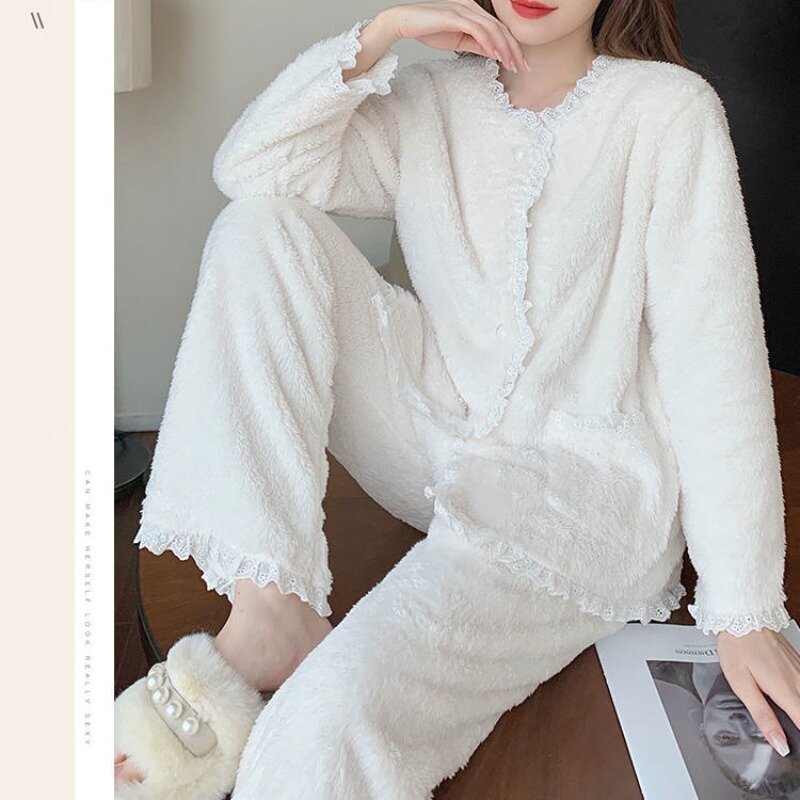 2023 nuovo pigiama donna autunno inverno Coral Fleece Loungewear peluche addensato pigiameria dolce pizzo caldo Homewear Suit Set