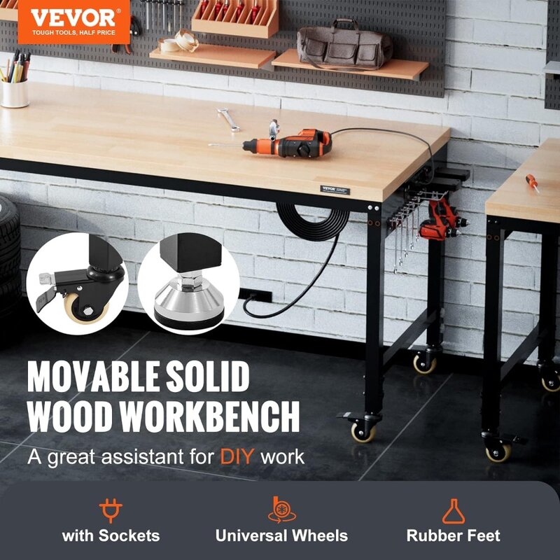 VEVOR-banco de trabajo ajustable para garaje, mesa de trabajo de madera dura resistente con ruedas universales, capacidad de carga de 3000 libras, 72"