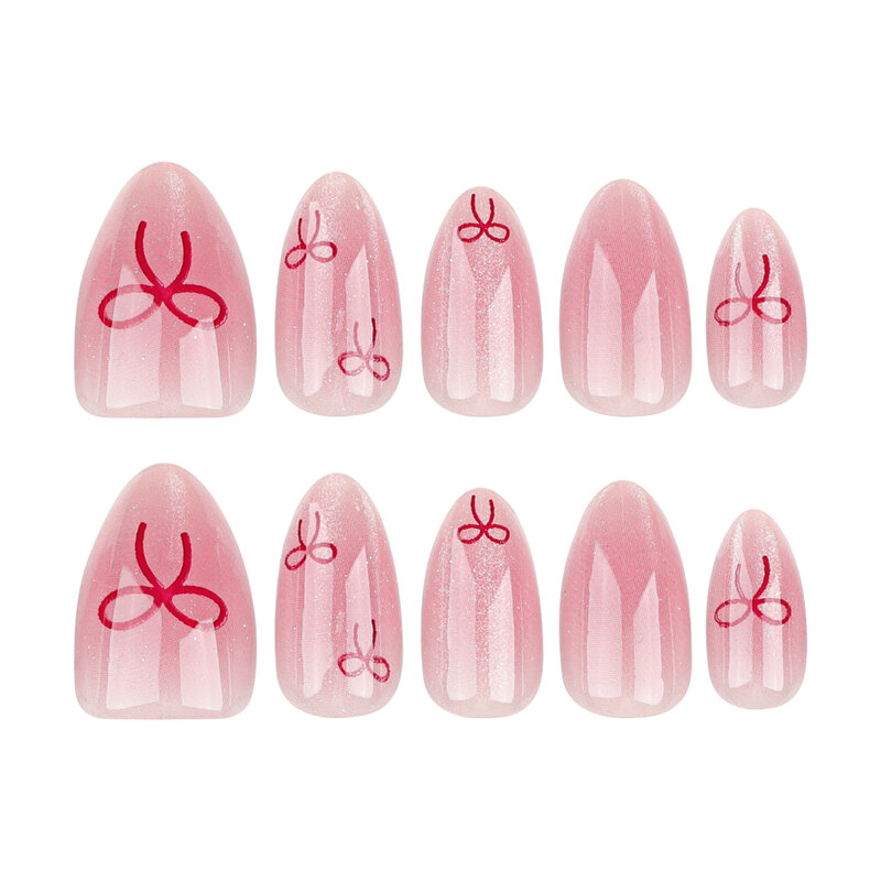 여성용 반짝이는 핑크 가짜 손톱, 귀여운 활 디자인, 아몬드 가짜 네일 패치, 착용 가능, 한국 고양이 눈, 손톱 압박, 24 개
