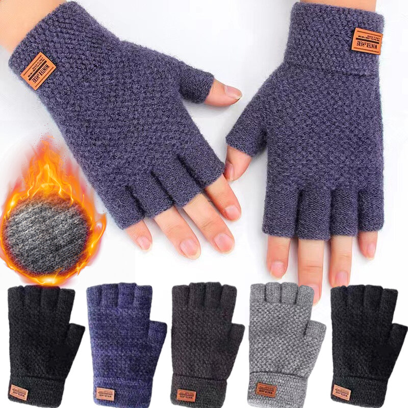 Guantes sin dedos de invierno para hombres, guantes de medio dedo para escribir, lana gruesa, etiqueta cálida, guantes elásticos gruesos para conducir al aire libre, Oficina