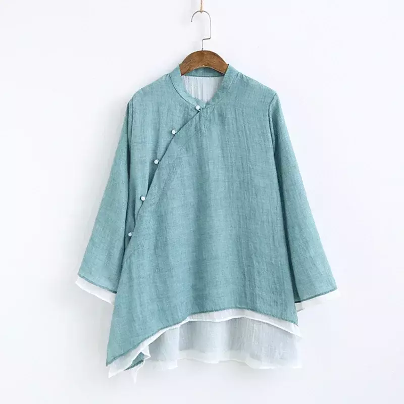 Camisa morada de manga larga con hebilla para mujer, blusa informal holgada, estilo chino, algodón, cuello levantado, Original, Primavera