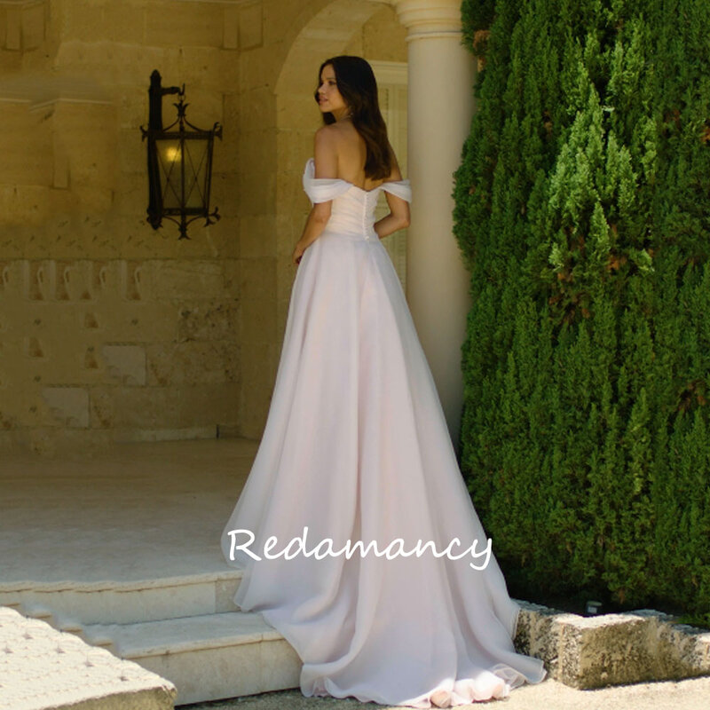 Redamancy-vestidos de novia de Organza con hombros descubiertos para mujer, traje de boda rosa, línea A, Espalda descubierta, con cremallera, 2024