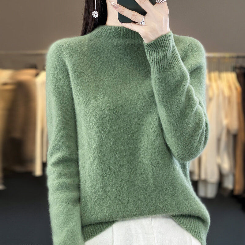 Suéter de cachemira pura de cuello semialto, camisa de fondo de manga larga hueca, nueva moda, otoño e invierno, 100%