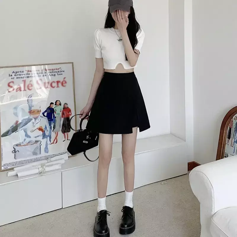 Kobiety z wysokim stanem Mini spódnice z rozcięciem moda na lato Slim kobiece Mini garnitur spódnice Y2K Casual wszystkie pasujące koreańskie małe spódnice