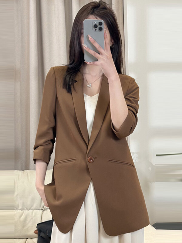 Elegant Women's Suit Jacket 2024 Spring and Autumn Casual Mid-length Office Lady Professional Loose Blazer Single-breasted Top