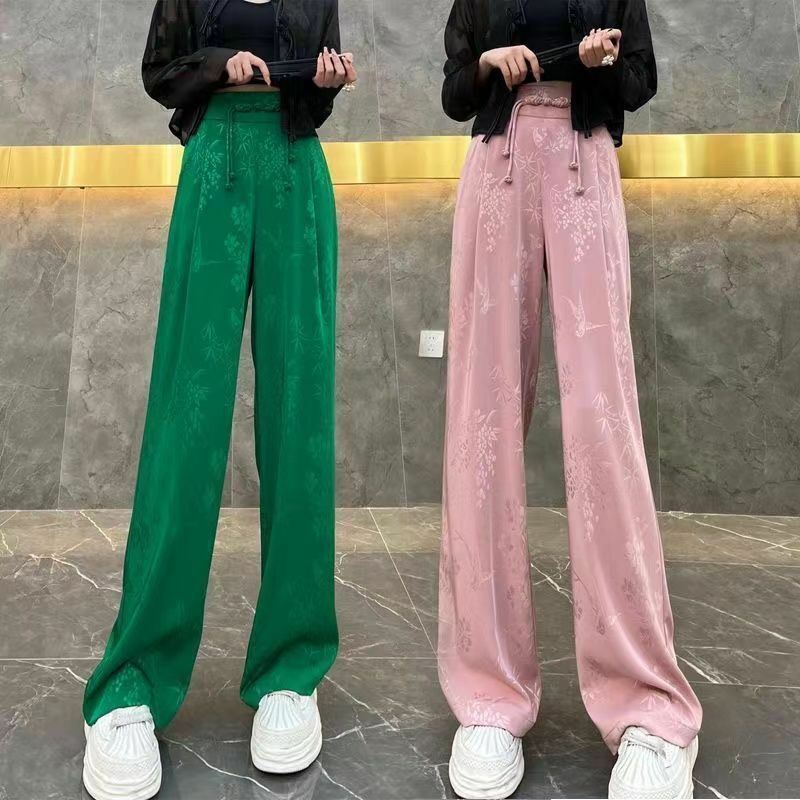 Celana kaki lurus Jacquard wanita 2024, celana kaki lebar kasual gesper pinggang tinggi bergaya Tiongkok musim panas