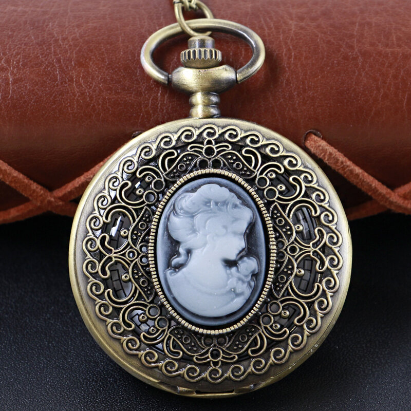Antyczny brązowy głowa księżniczki królowej z wytłoczonym kwarcowym naszyjnikiem z damski zegarek kieszonkowy akcesoria pamiątkowy prezent zegar