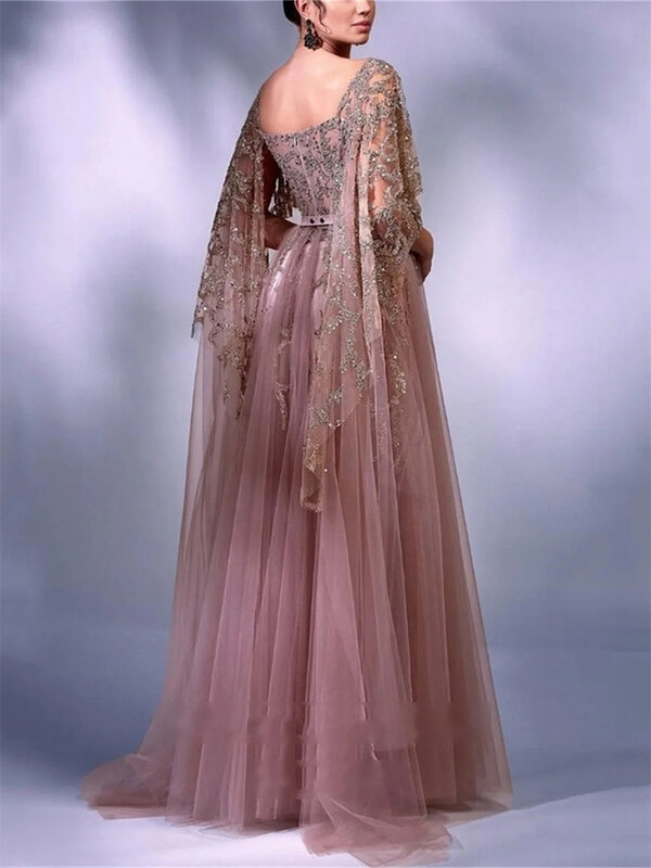 Gaun Prom A-Line renda elegan 2024 gaun malam berkilau anggun leher V rendah gaun panjang lantai Vestidos De Novia