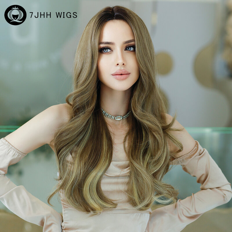 7JHH WIGS Long Wavy Light Brown Wig for Women Cosplay Daily Party Synthetic Wigs with Bangs Natural Lolita Wig Heat Resistant
