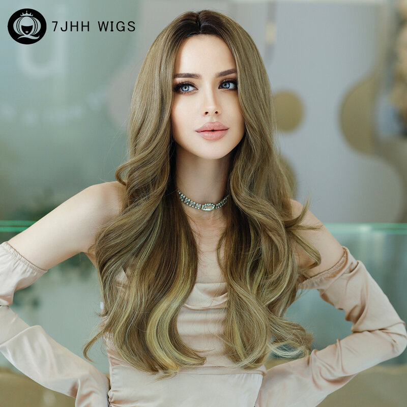 7JHH วิกผมยาว Wavy Light วิกผมน้ำตาลสำหรับคอสเพลย์ทุกวันปาร์ตี้สังเคราะห์ WIGS กับ Bangs ธรรมชาติ Lolita วิกผมค...