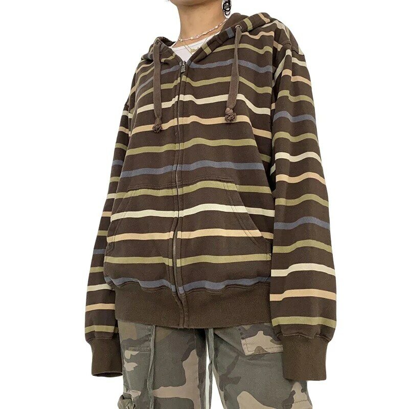 Donna Y2k Full Zip Up felpa con cappuccio coulisse stampa a righe manica lunga felpa giacca primavera autunno Streetwear