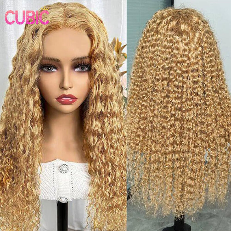 Perruque Lace Front Wig Naturelle Bouclée, Cheveux Humains, Deep Wave, Couleur Blond Miel #27, 13x4 HD, Densité 200%, Pre-Plucked