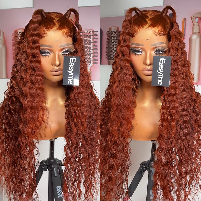 Peluca de cabello humano rizado de color marrón rojizo para mujer, postizo de encaje Frontal 13x6 HD, pelo Remy predespuntado con ondas profundas, 13x4