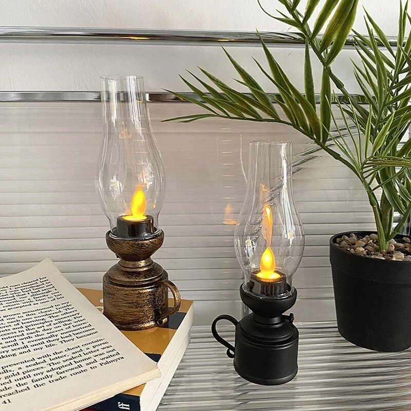 Candelabros Retro sin llama, lámpara de vela de queroseno con botón, batería, luz de mesa para adorno de cabecera, utilería para fotos