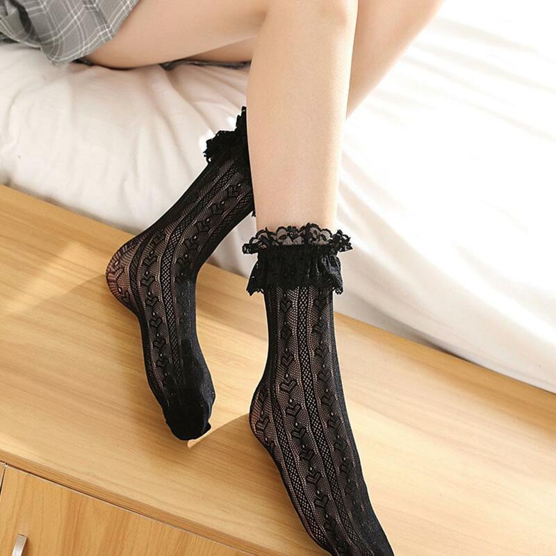 Lolita ถุงเท้าญี่ปุ่น Lolita ถุงน่องลูกไม้ถุงเท้า Ruffle ลูกไม้ถุงเท้า Mid-Calf ผู้หญิงสไตล์เกาหลีน่ารักเซ็กซี่ถุงเท้า Q9Q8