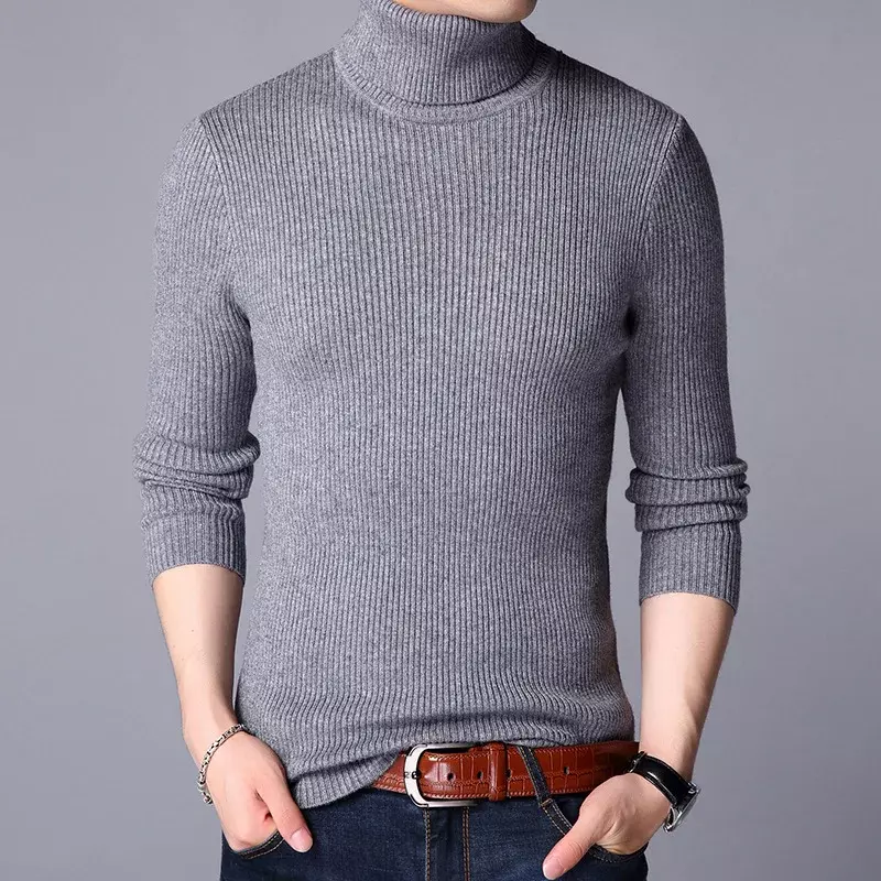 Suéter de malha de lã monocromática masculino, pulôveres slim fit, roupas de rua, moda coreana, outono