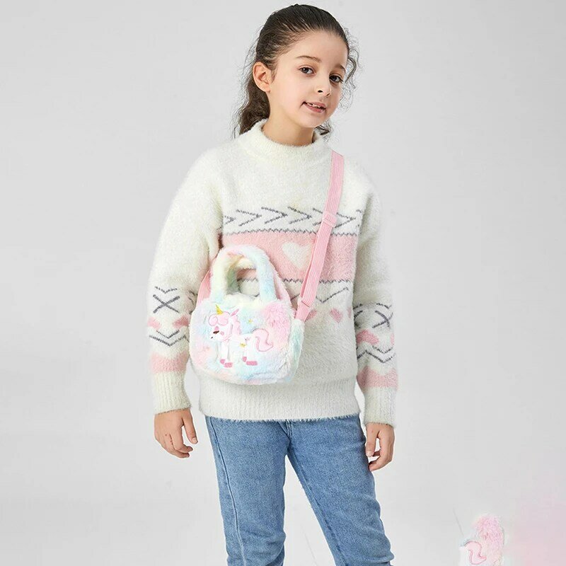 Unicórnio Plush Crossbody Bolsas e bolsas para meninas, bolsa de ombro peludo, bolsa fofa arco-íris, desenhos animados bonitos, bordado infantil