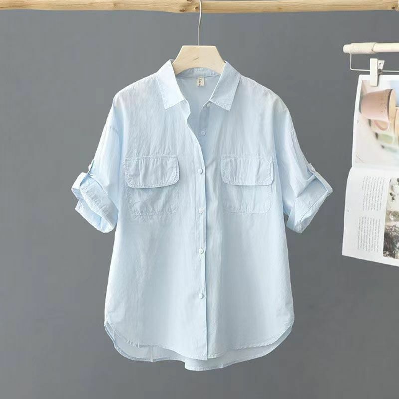 100% Pure Cotton Short Sleeved Solid Color Shirt for Women's 2024 Summer New Outerwear Shirt Design Loose and Thin Top
