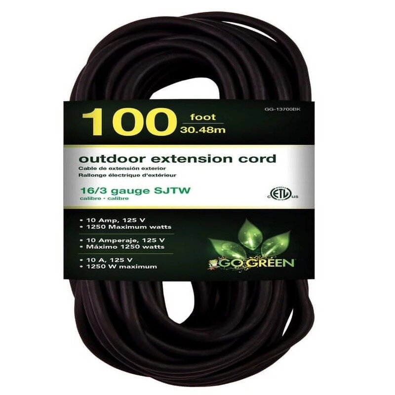 GoGreen Power GG-13700BK 16/3 100’ SJTW Outdoor Extension Cord, Black, 100 Ft