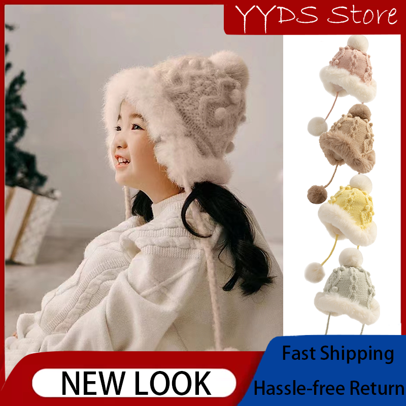 Bonés de lã fofa infantil, chapéu tricotado para meninas, coelho Furball, boné de orelha quente de bebê, inverno de alta qualidade