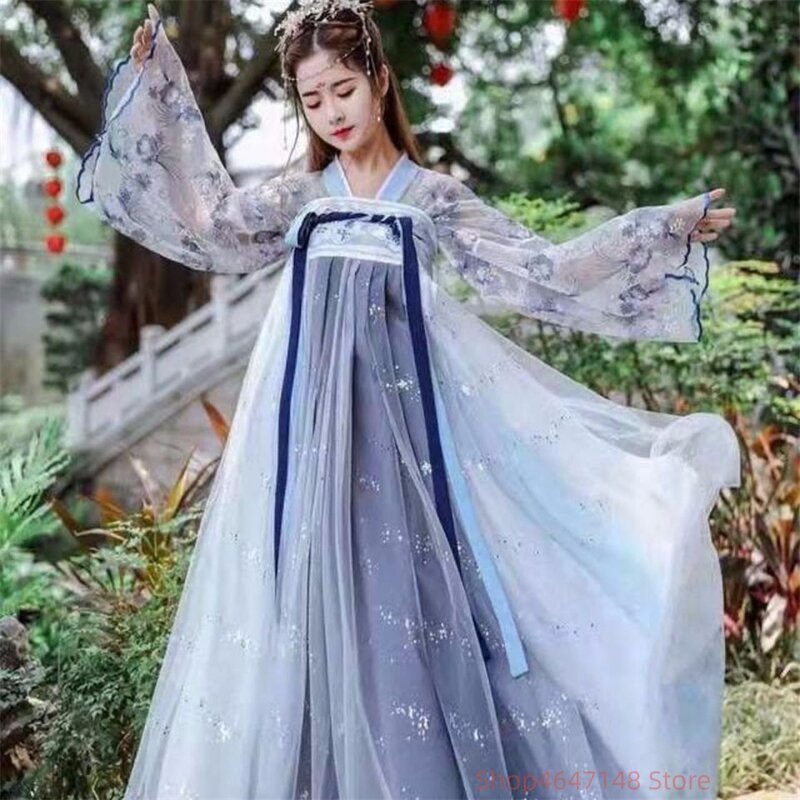 Hanfu-vestido tradicional chino para mujer, disfraz de Hada, color rosa degradado y azul, vestido de baile, Hanfu antiguo