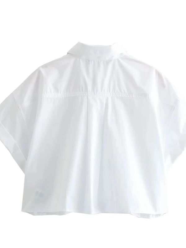 XNWMNZ 2024 Women's Fashion Crop Poplin Shirt Women Casual Lapel Short Sleeve Pocket Front Button Versatile Female Top