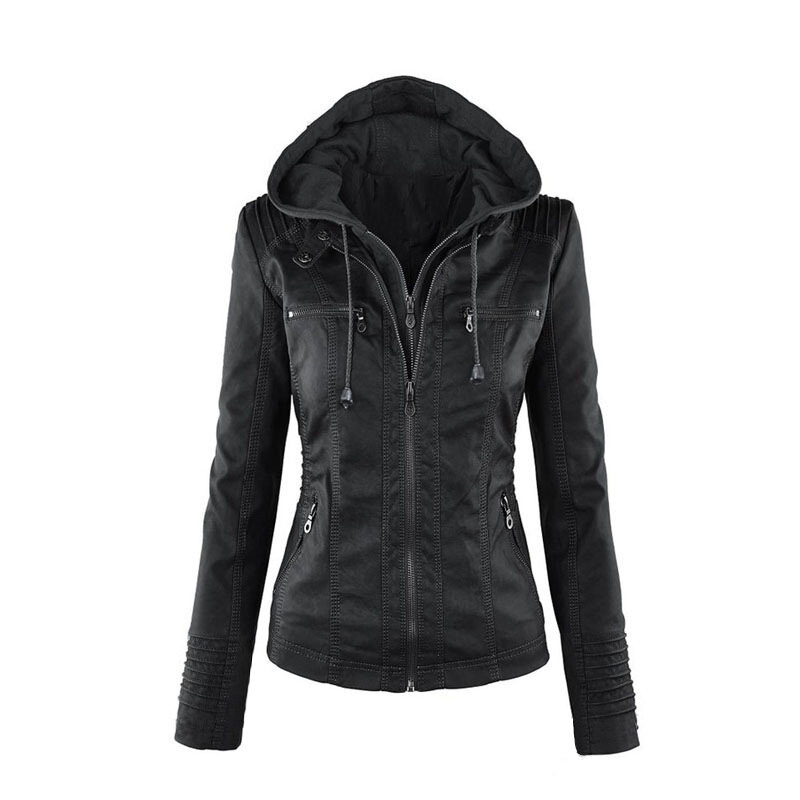Veste de moto gothique en similicuir PU pour femmes, sweats à capuche noirs, manteau basique, automne, hiver, 2023