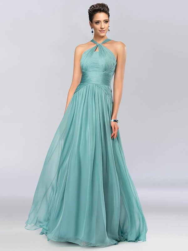 Birthday Dresses for Women 2023 Green A-Line Halter Ruched Long Prom party Evening dress