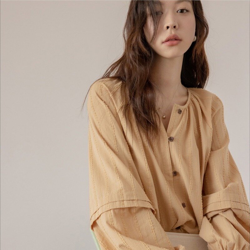 Deeptown kemeja Linen putih dasar Mode Korea wanita blus Vintage ukuran besar atasan lengan lentera elegan wanita musim semi