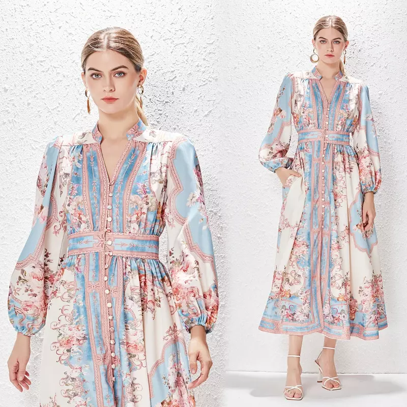 2024 New Spring Summer Holiday Style Patchwork Print Single Breasted Long Sleeved Dress for Women's Vacation Vintage Long Dress