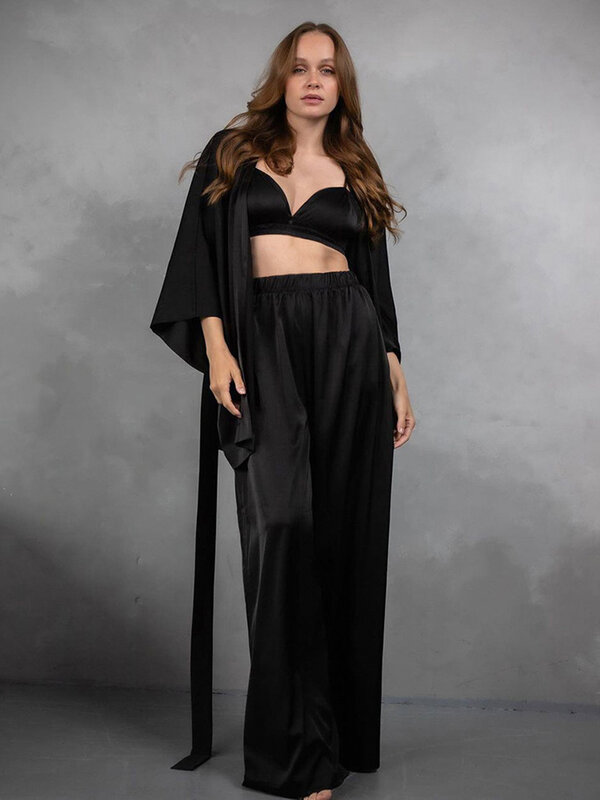 Женское ночное белье Marthaqiqi с длинным рукавом, комплект из 3 предметов, сексуальное нижнее белье, пижама с длинным рукавом, пижама с V-образным вырезом, одежда для сна на шнуровке, брюки, Ночной костюм