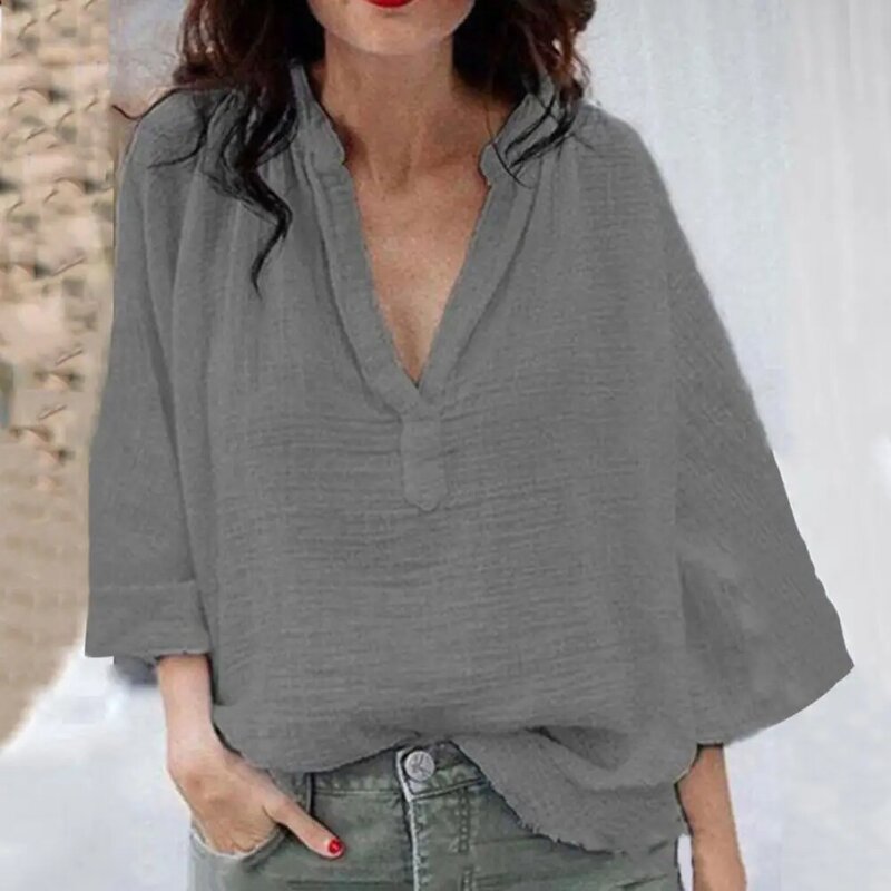 Koszula damska bluzka elegancka damska luźny pulower bluzka z dekoltem w szpic 3/4 rękawy jednolity kolor luźna koszula bluzka damska Streetwear