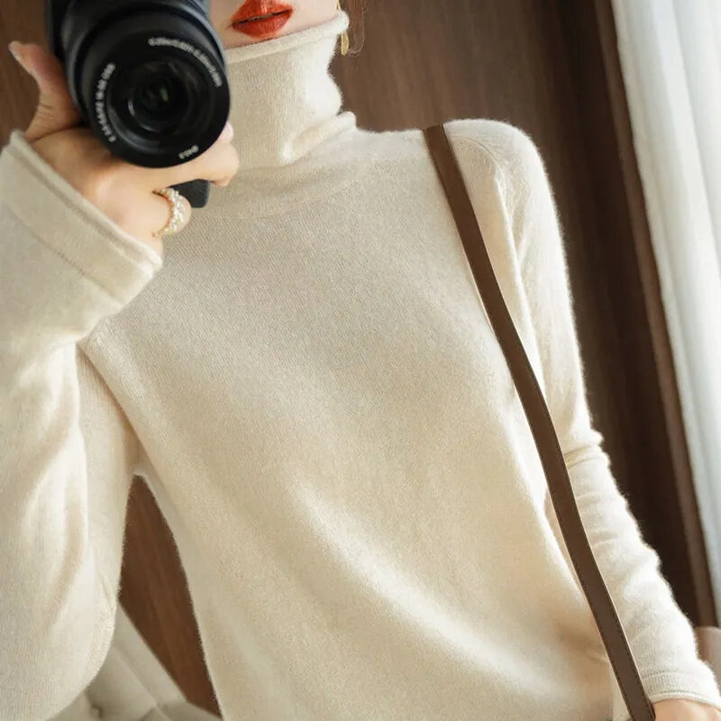 여성용 단색 터틀넥 니트 스웨터, 기본 풀오버, 슬림핏 풀오버, 소프트 P, 2023 패션, 가을, 겨울