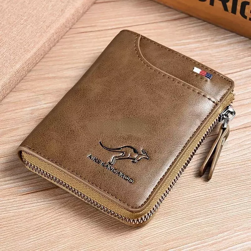 Kangaroo Men's PU Leather Wallet with Zipper, RFID Blocking, Multi Business Credit Card Holder, High Quality Purse