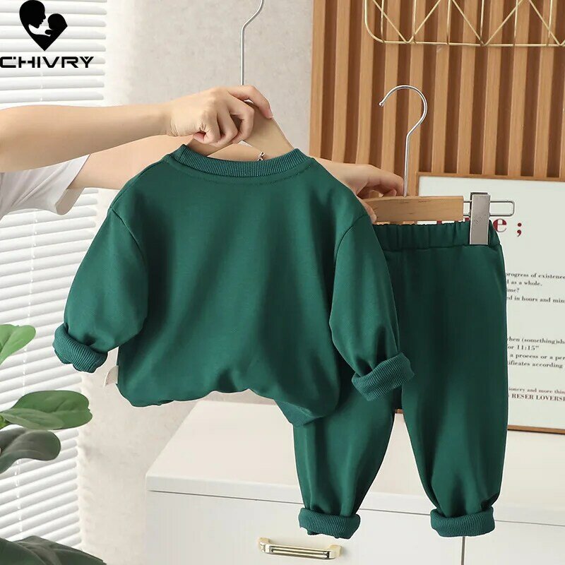 New 2023 Baby Boys Spring Autumn Fashion Cartoon Dinosaur Letter Round Neck Sweatshirt Tops with Pants Kids Casual Clothing Sets